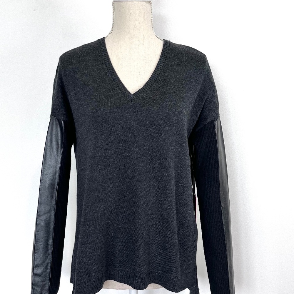 Dex Black Wool V-Neck Sweater with Leather Sleeves